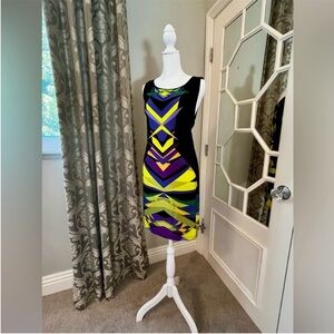 BCBG Geometric Pattern Sleeveless Geo-Print Sheath Dress - Black and Neon - Sz M